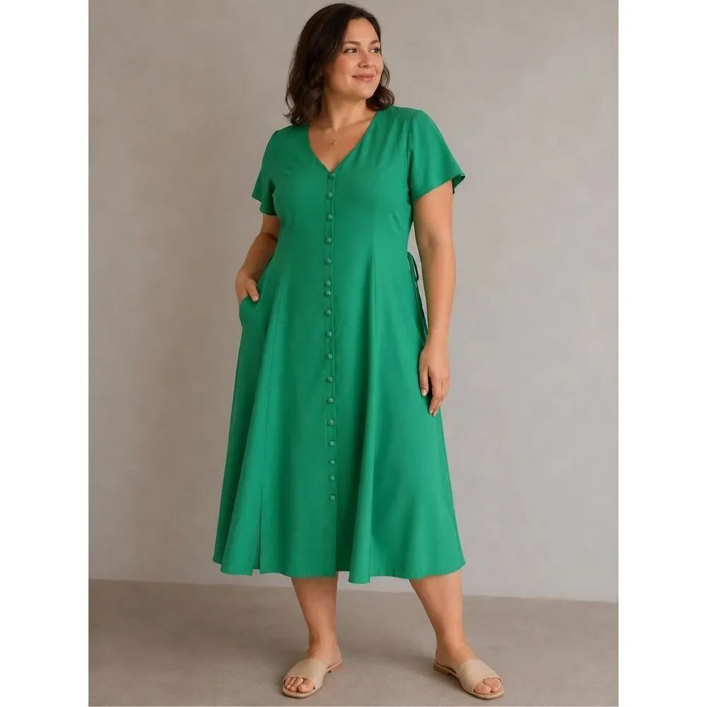 Rare Vintage C&A Green Midi Dress Size US XL / EU 46 Button Front Tie Back